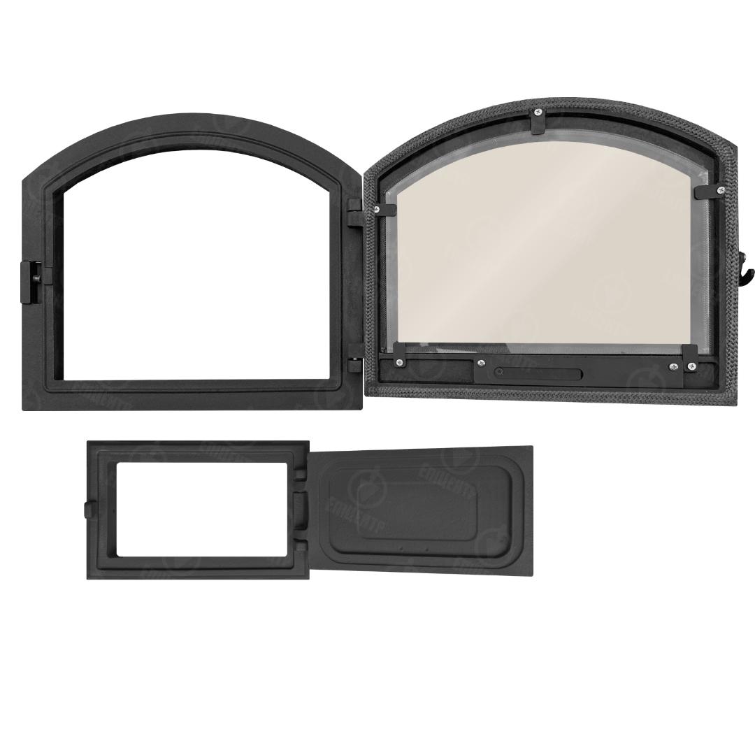 Комплект чавунних дверцят замковий з регулятором тяги з вогнетривким склом 490x420 мм/піддувальний замковий 265x165 мм - фото 4