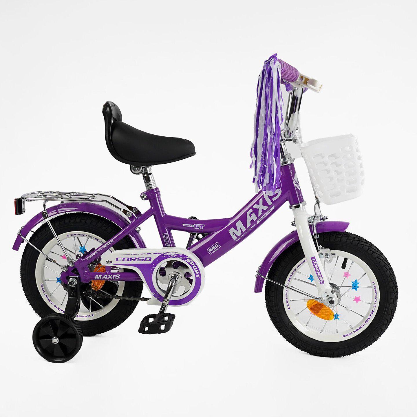 Велосипед двухколесный Corso MAXIS 12" для девочки с корзиной и багажником Фиолетовый - фото 2