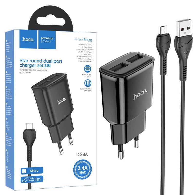 Пристрій зарядний Hoco C88A 2 USB 2,4A кабель micro-USB Black (36787)