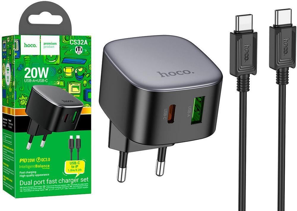 Зарядний пристрій Hoco CS32A QC3.0 20W USB/Type C кабель Type C Black (36795) Зарядний пристрій Hoco CS32A QC3.0 20W USB/Type C кабель Type C Black (36795)