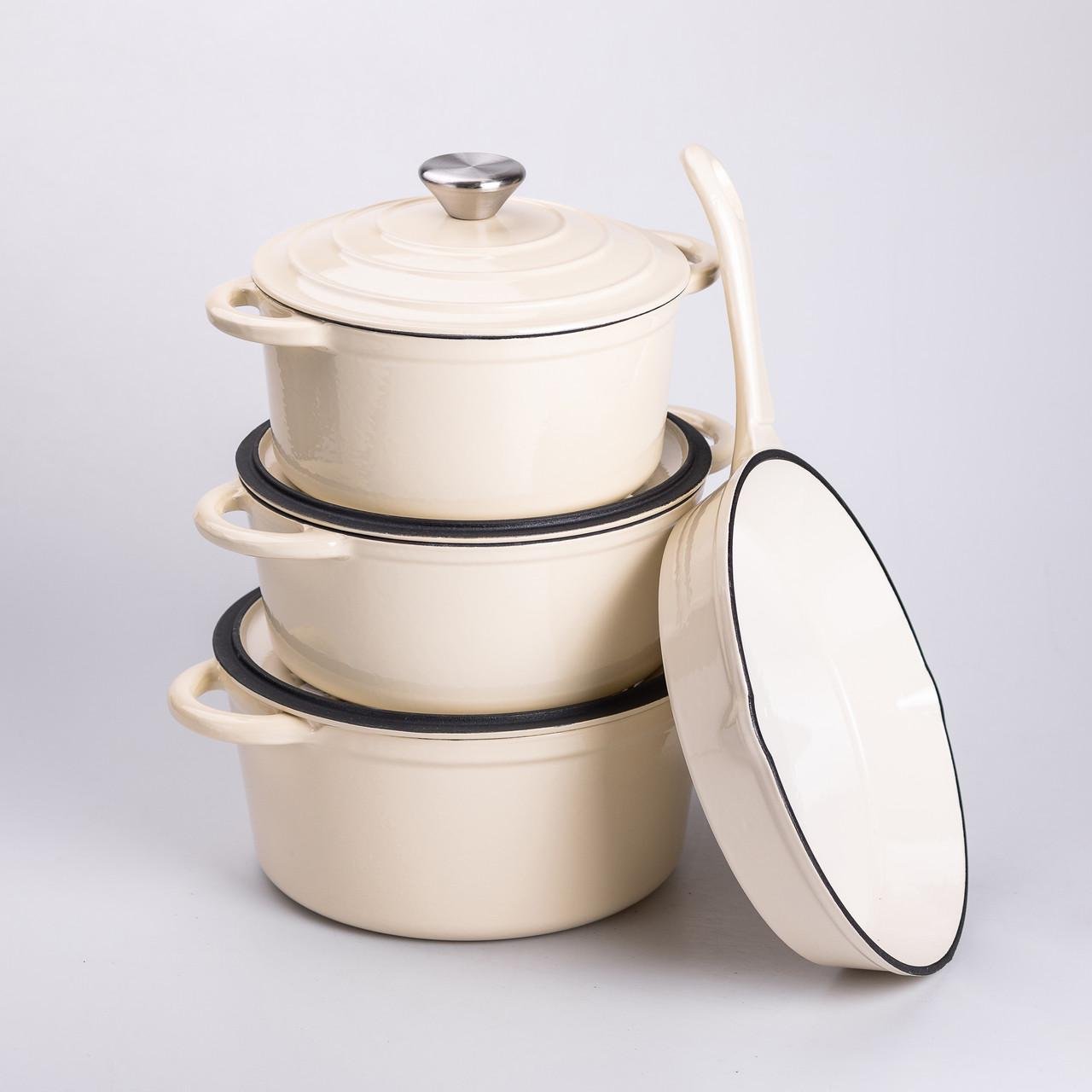 Набор чугунной посуды для приготовления с эмалированным покрытием сковорода/3 кастрюли Бежевый (6820) - фото 1