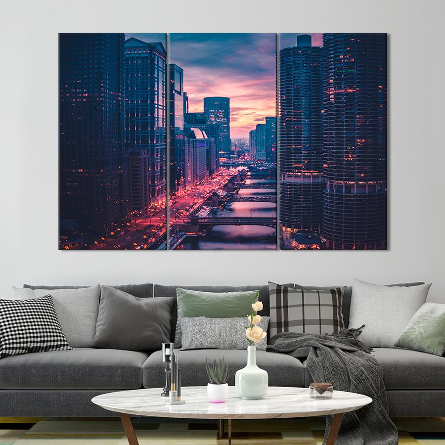 Картина город Красочный вечер в большом городе 156x100 см (A774-3)