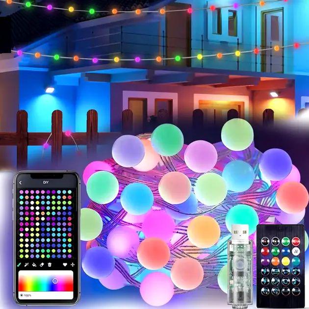 Гирлянда на елку матовый шарик 66 шт. 10 м с пультом Usb 5V 1-3А Bluetooth водонепроницаемая и управления с телефона (opt-105140)