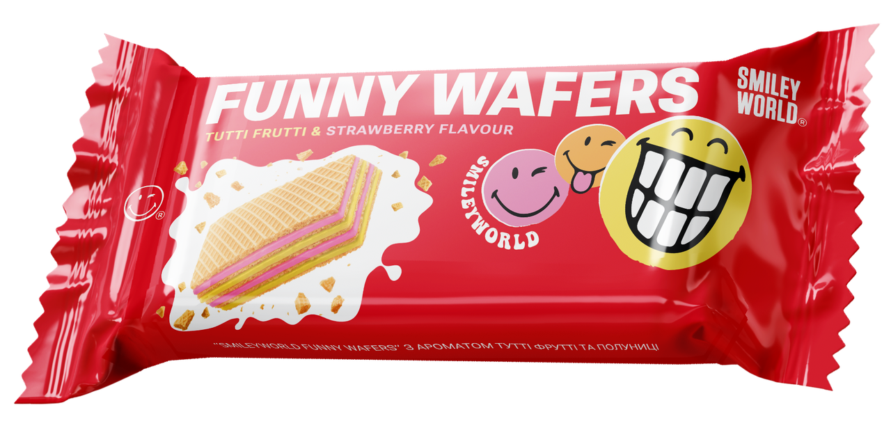 Вафлі з начинкою SmileyWorld FUNNY WAFERS з ароматом тутті фрутті та полуниці 400 г (214524) Вафлі з начинкою SmileyWorld FUNNY WAFERS з ароматом тутті фрутті та полуниці 400 г (214524)