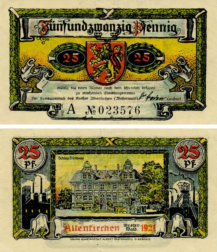 Коллекционная банкнота Германия Нотгельд 25 пфеннигов 1921 F-VF Альтенкирхен (Б18581)