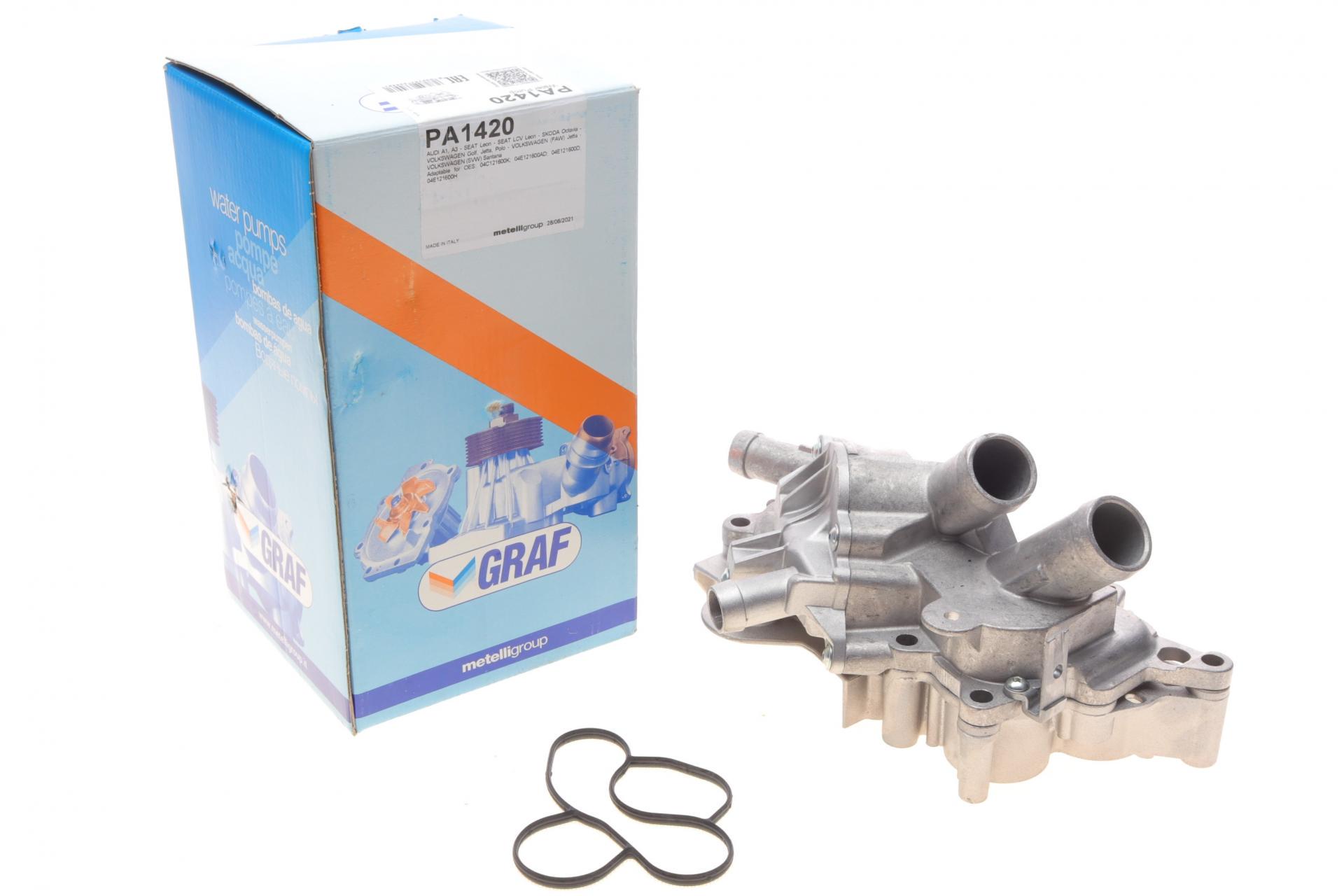 Водяная помпа Graf Audi/Seat/Skoda/VW 1.2-1.4TSI/TFSI 12-13 28z B/B 6 лопастей с корпусом и двумя термостатами (PA1420)