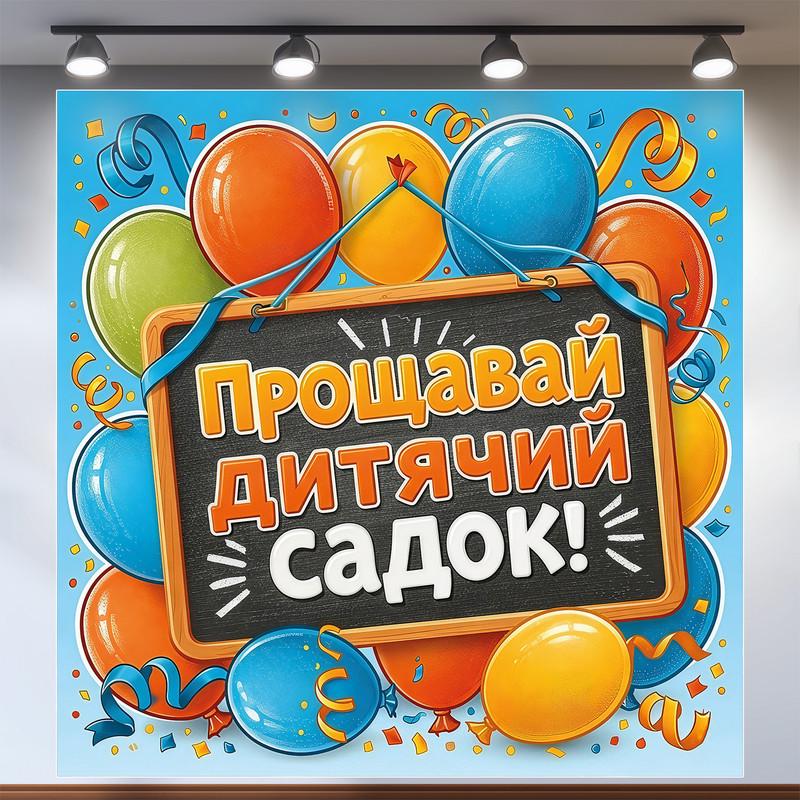 Баннер для фотозоны "Прощавай дитячий садок" с яркими шариками и доской 120х120 см Баннер для фотозоны "Прощавай дитячий садок" с яркими шариками и доской 120х120 см