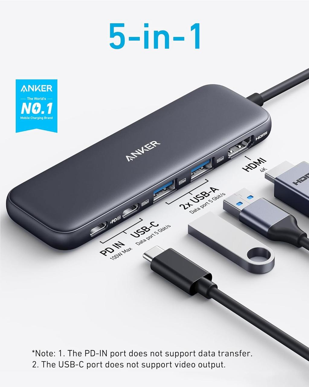 Адаптер Anker 332 USB-C Hub 5в1 4K HDMI 5 Гбит/с Black (000925) - фото 2 Адаптер Anker 332 USB-C Hub 5в1 4K HDMI 5 Гбит/с Black (000925) - фото 2