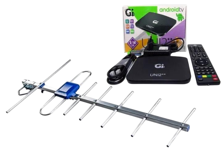 Комплект Смарт AndroidTV/Т2 тюнер GI UNI 2++ 2/16 TM/Антенна внешняя с усилителем Eurosky Favorit Фаворит (1055)