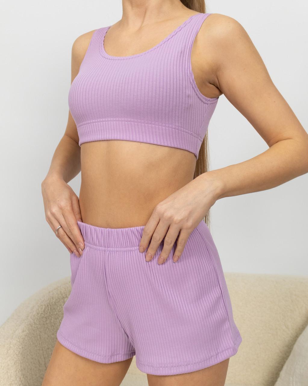 Пижама женская из рубчика топ и шорты Светло-сиреневый - фото 4 Пижама женская из рубчика топ и шорты Светло-сиреневый - фото 4