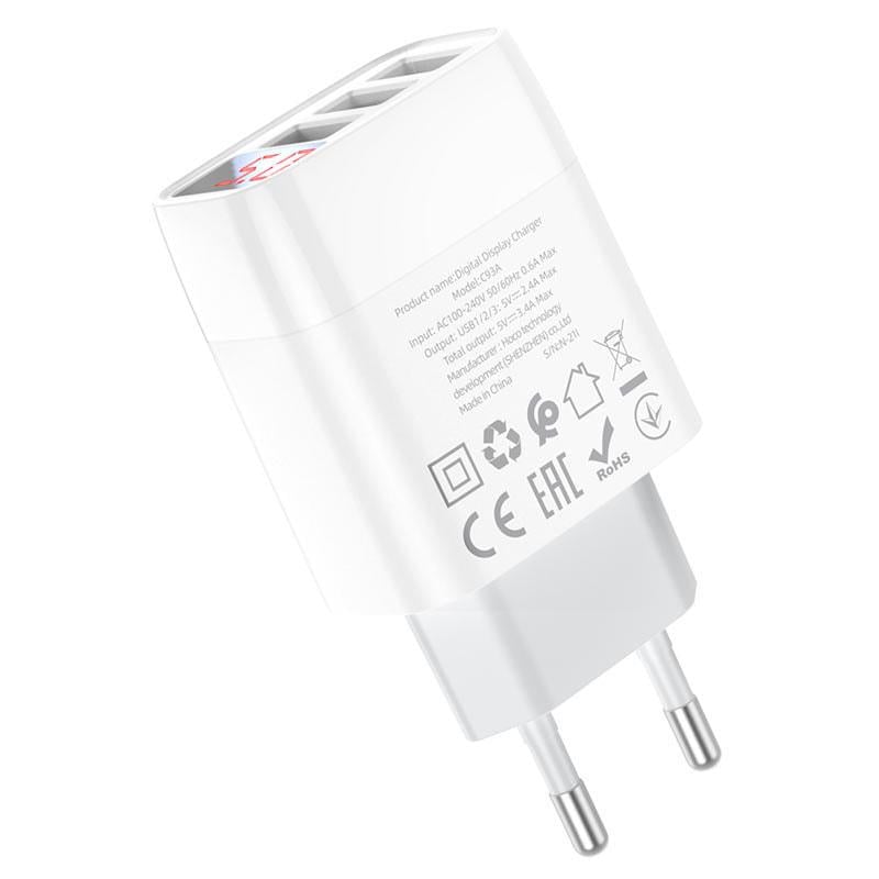 Пристрій зарядний Hoco C93A 3 USB 3,4A кабель micro-USB White (36788)