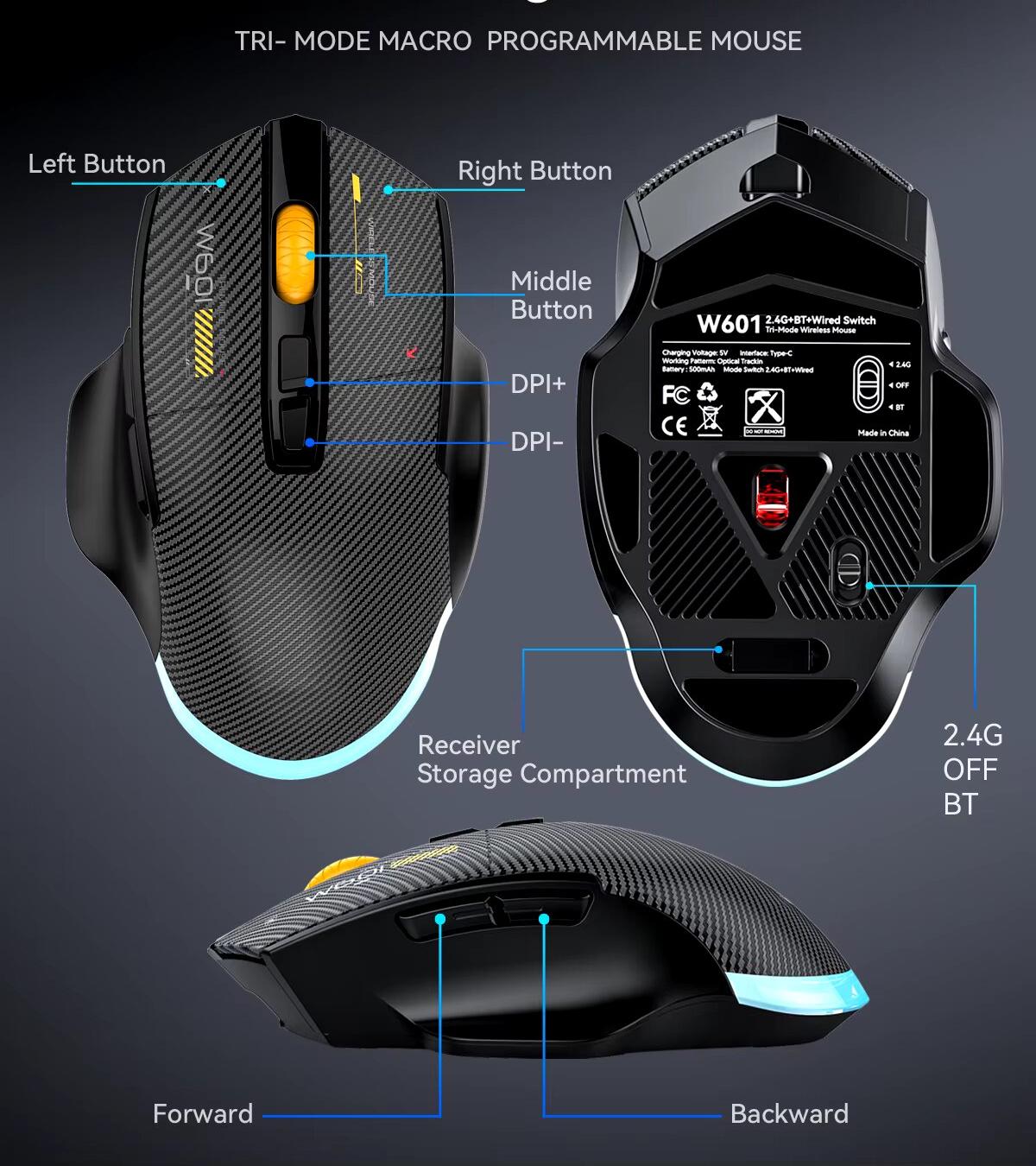 Компьютерная мышь MiKESPN W601 беспроводная бесшумная с аккумулятором и подсветкой 2,4G Bluetooth Black - фото 8