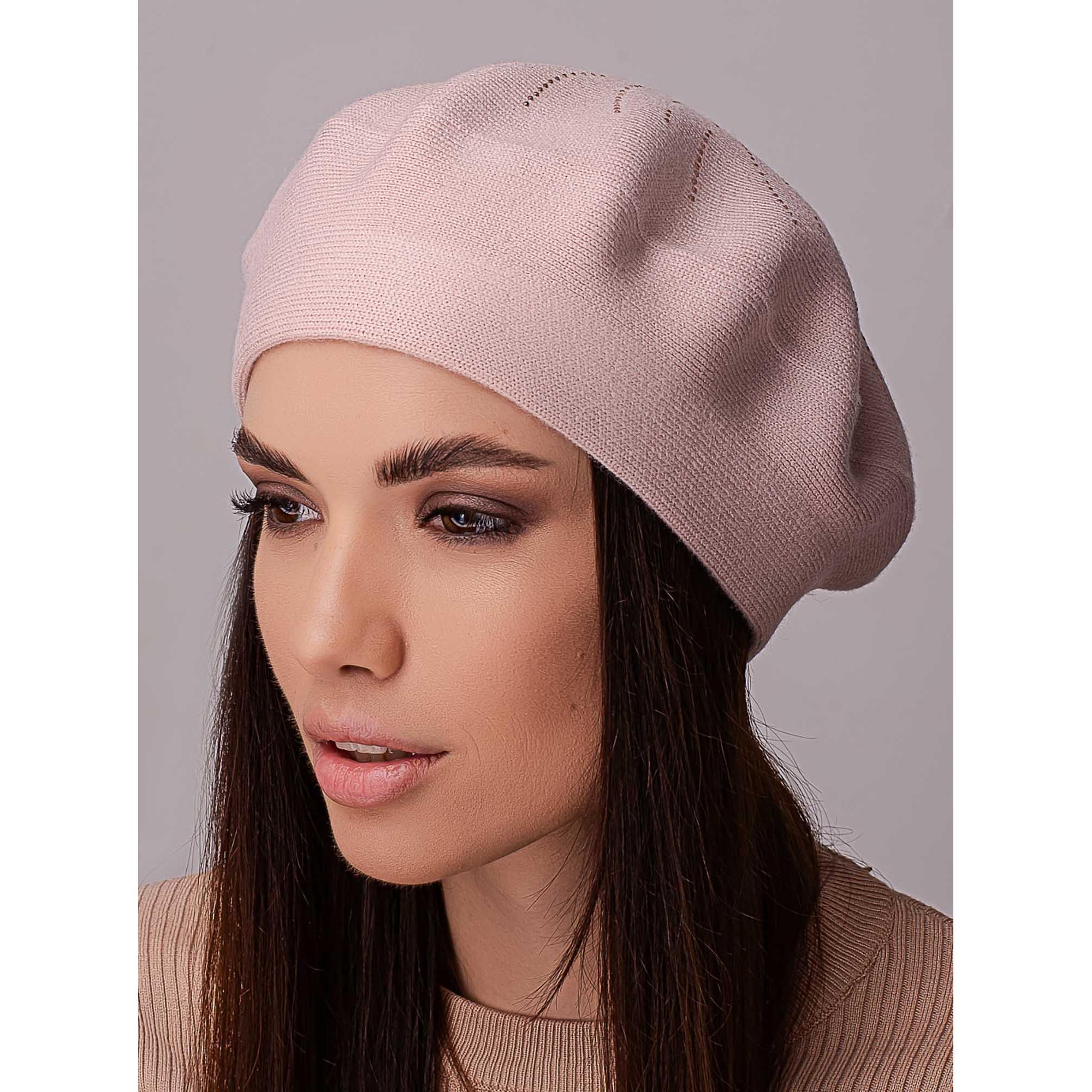 Берет віскозний жіночий з додаванням вовни без підкладки,прикрашений стразами Leks Акація Світла пудра