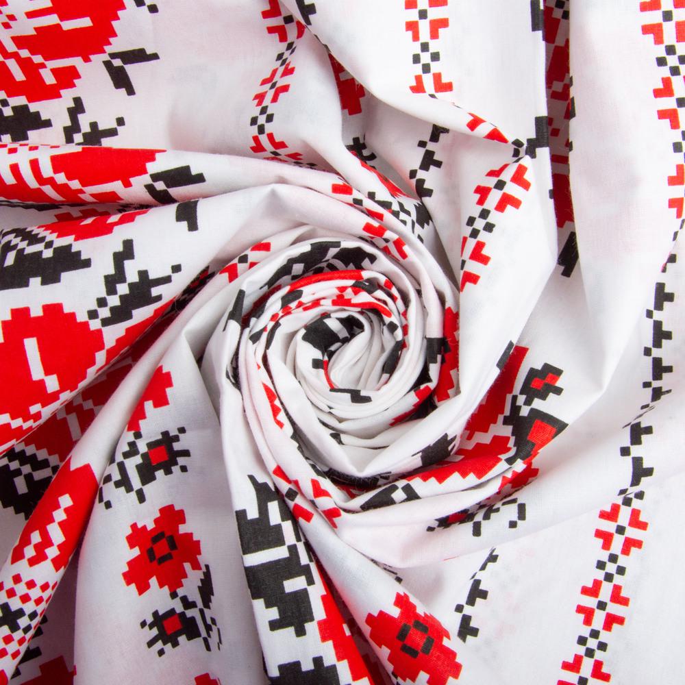 Тканина бязь ранфорс для постільної білизни M02314/6 Етнічна українська вишивка 130 гр/м2 240 см Червоно-чорний (25847)