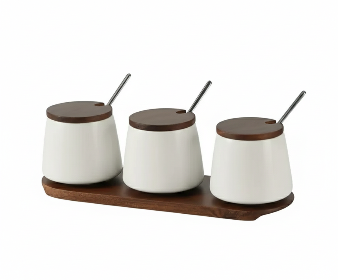Набір контейнерів для солі/перцю/приправ та спецій з кришками та ложками на деревʼяній підставці 3 шт. Білий (31211022)