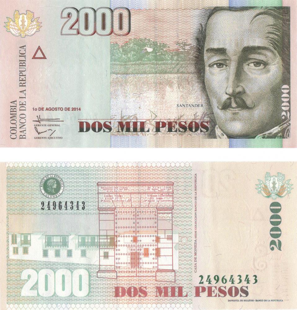 Коллекционная банкнота Колумбия 2000 песо 2014 UNC P457t (Б05533)