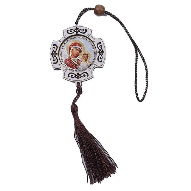 Икона оберег на нитке на зеркало заднего вида Божья Матерь круг дерево 5,6x6,5 см (651550)