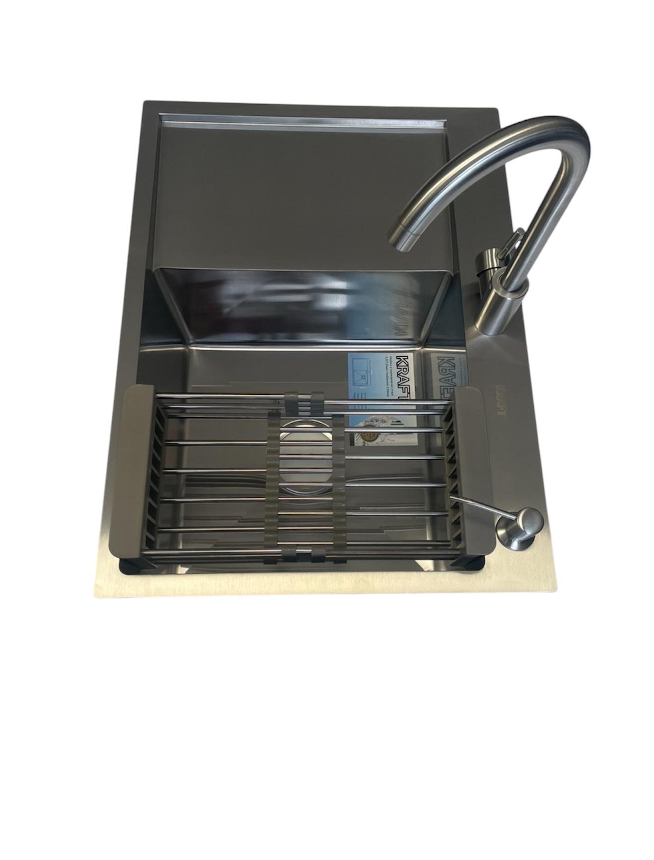 Мойка кухонная Kraft 6548 BRS правая и кран Kraft из нержавеющей стали