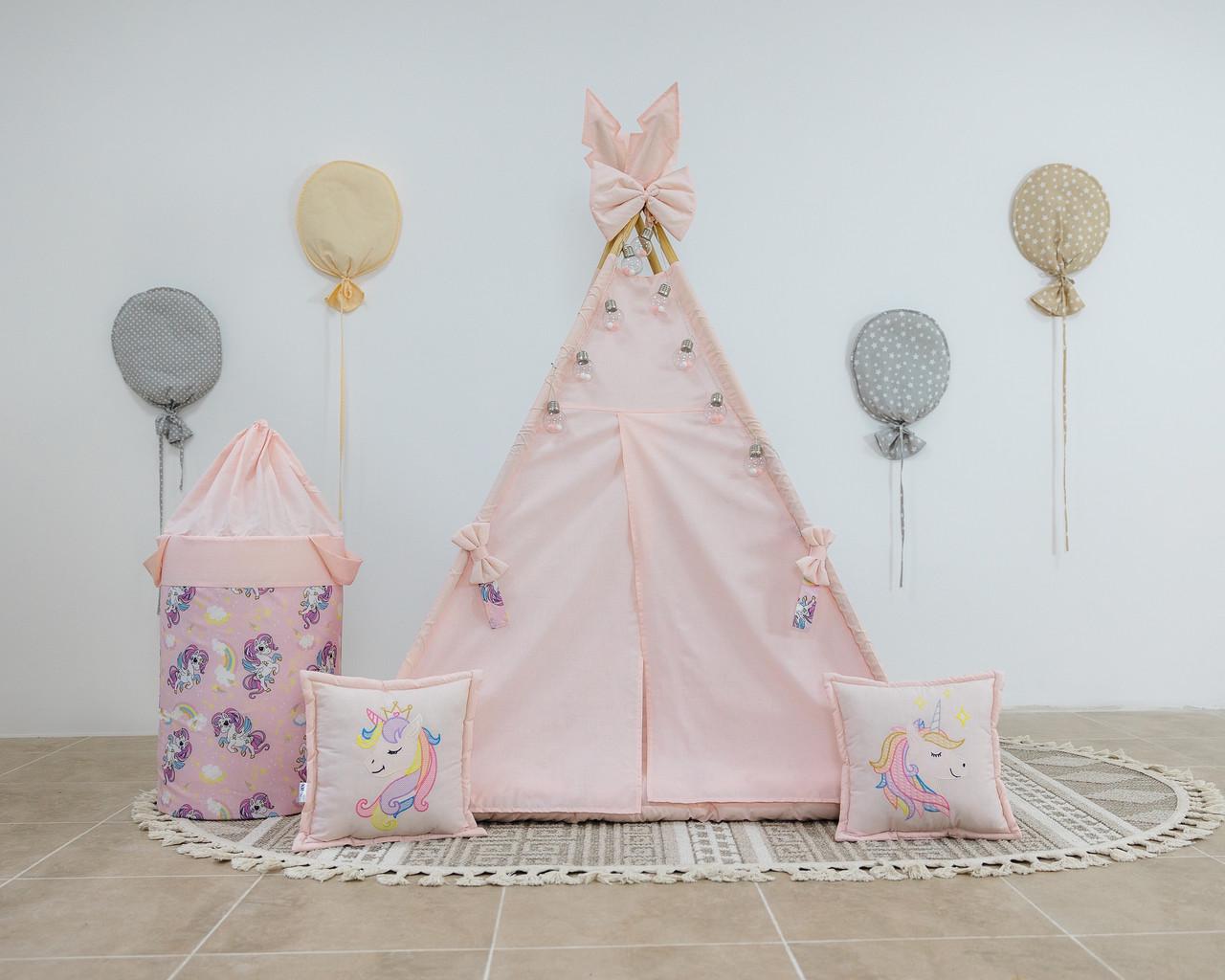 Вигвам для девочки Unicorn матрас БОН БОН с подугками и бантом с корзиной - фото 9