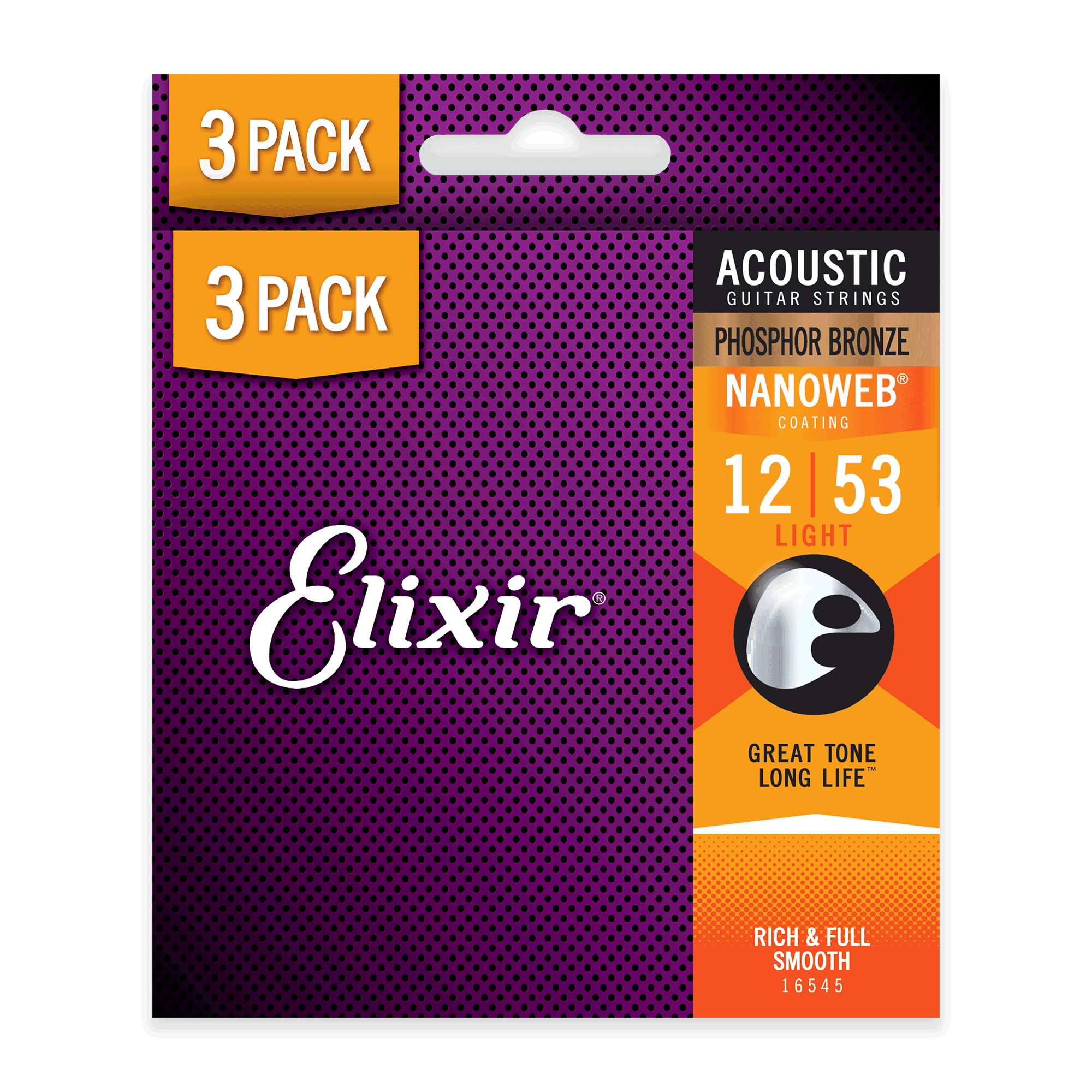 Струны для акустической гитары Elixir Nanoweb Phosphor Bronze 16545 12-53 3 комплекта (128609) - фото 2
