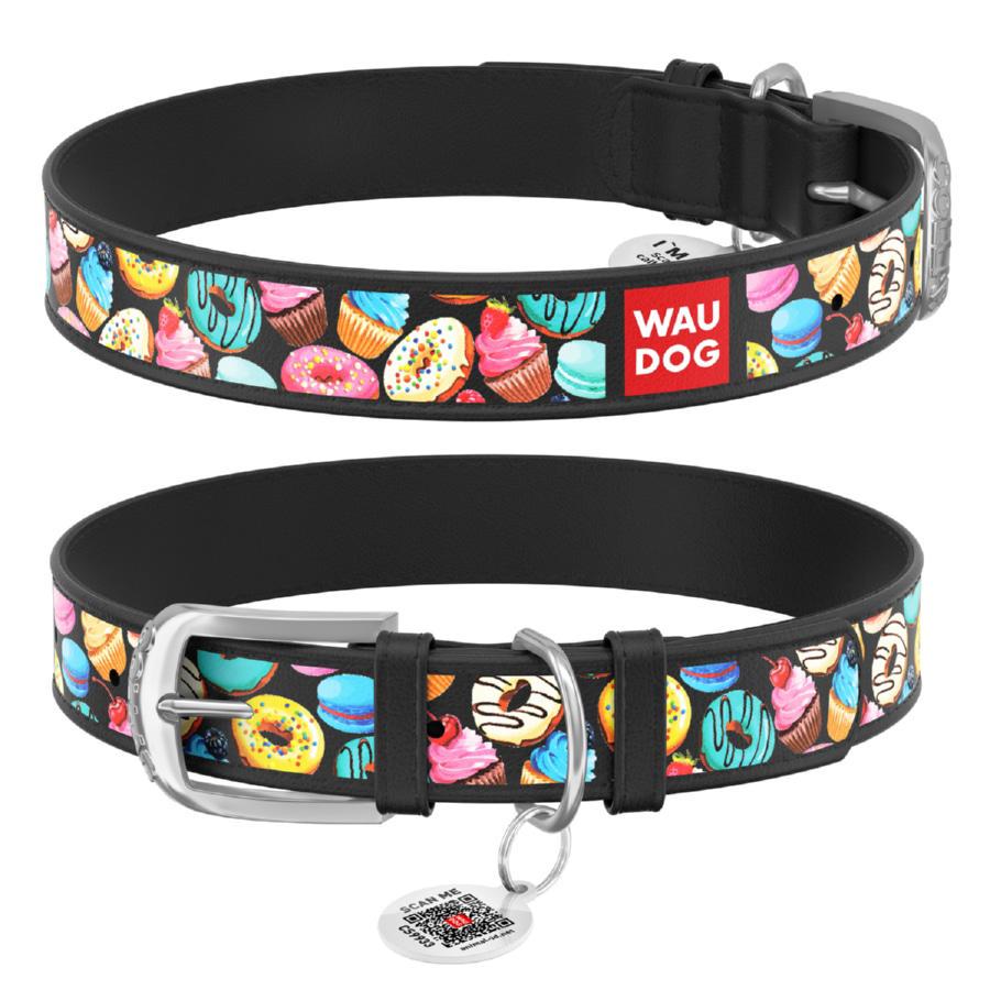 Ошейник для собак кожаный Waudog Design Пончики с QR паспортом S 15 мм 27-36 см