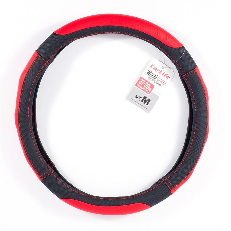 Чехол на руль из экокожи и белой резины Carlife M 37-39 см с красными вставками и перфорацией Черный Чехол на руль из экокожи и белой резины Carlife M 37-39 см с красными вставками и перфорацией Черный