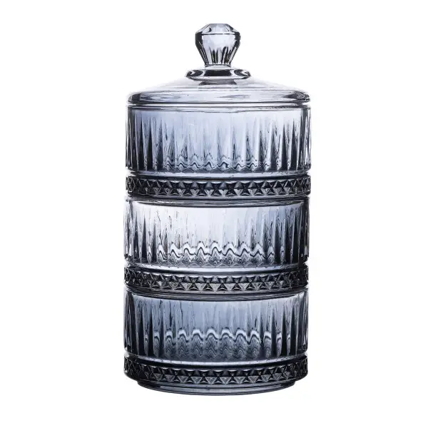 Цукерниця трирівнева YIWU HP-YH-76 скляна ребриста з кришкою Сірий (149-107-HP-YH-76)