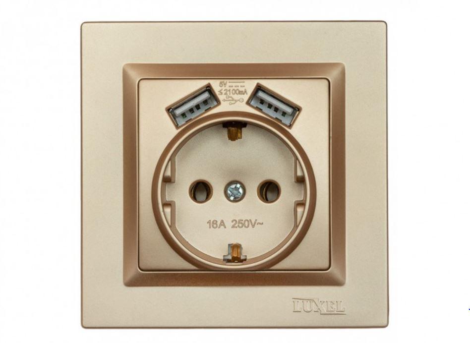 Розетка Luxel Jazz с заземлением и двумя usb портами 2,1 A Бронзовый (9630)