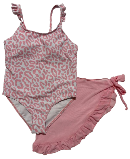 Купальник цельный для девочки с юбкой парео Леопард 9-10 лет 140 см Розовый (1731)