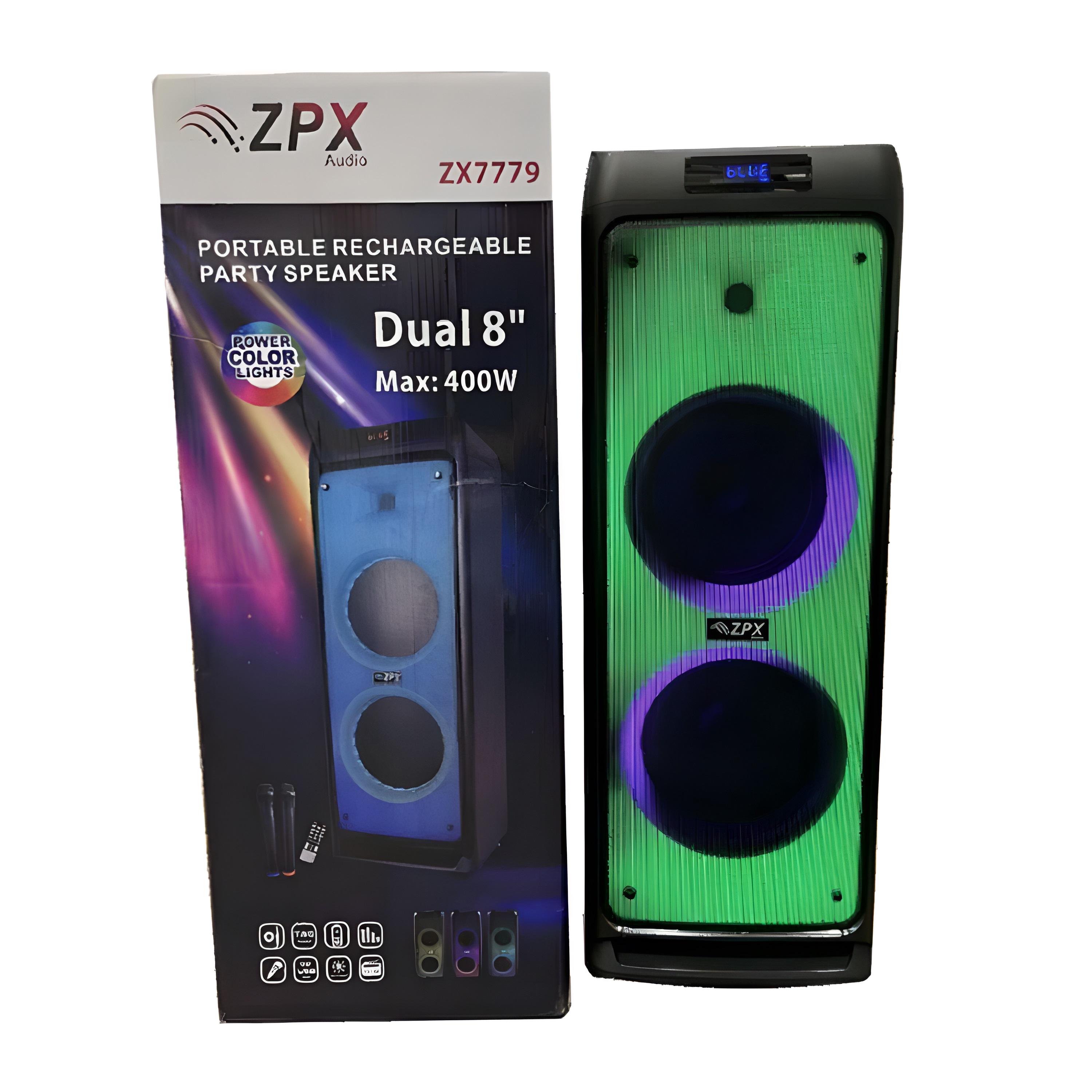 Профессиональная аккумуляторная акустическая портативная Bluetooth система ZPX ZX-7779 с 2-мя радиомикрофонами 400 Вт Черная (ZPX-002)
