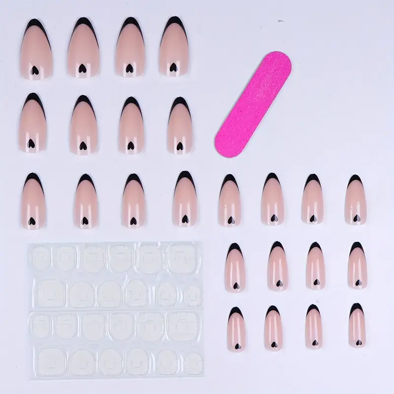 Нігті накладні френч Сердечки мигдаль середньої довжини з клейовими стіками 24 шт. Чорний (3000003699) - фото 8