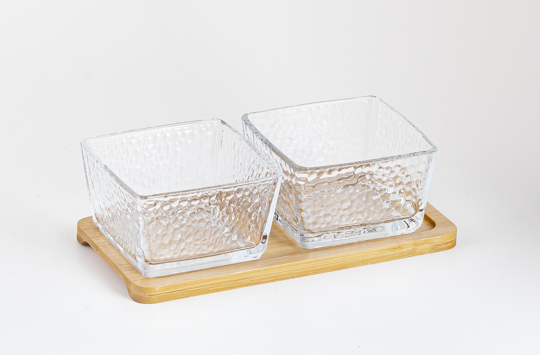 Набір салатників Viva Bamboo квадратний скляний з підставкою 2х250 мл (S/3)