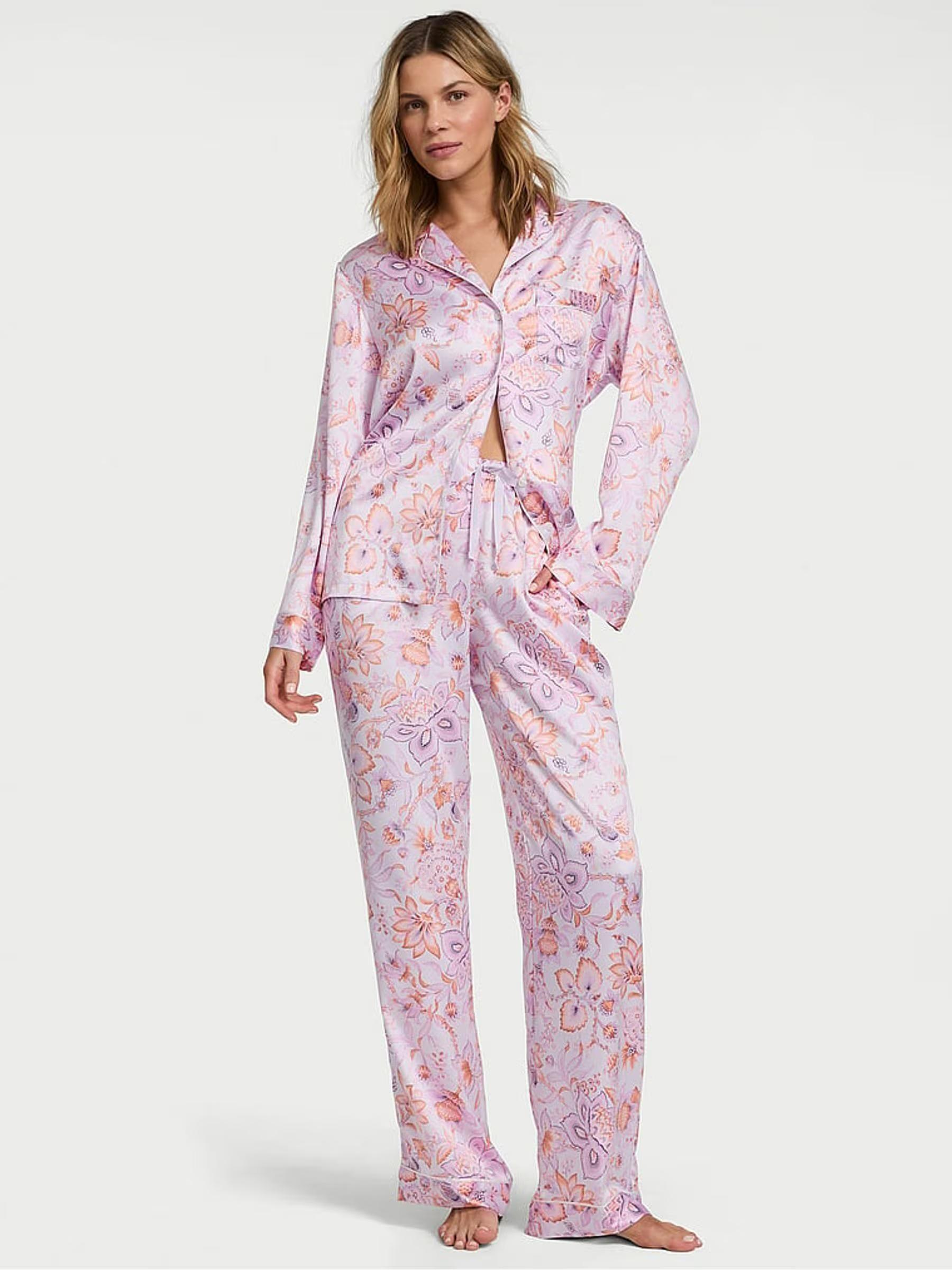 Піжама сатинова сорочка/штани Victoria's Secret Purple Floral Satin Long Pyjamas Set Regular S Ліловий (26811555D)