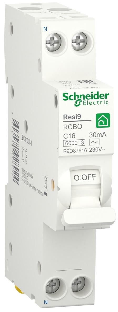 Дифференциальный выключатель Schneider Electric RESI9 1P+N 16A 30мA C тип АС (R9D87616) - фото 1