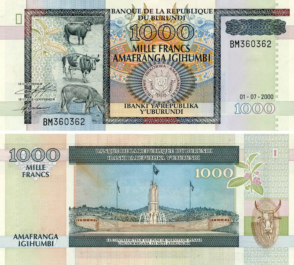 Колекційна банкнота Бурунді 1000 франків 2000 AU-UNC P39c (Б20479)