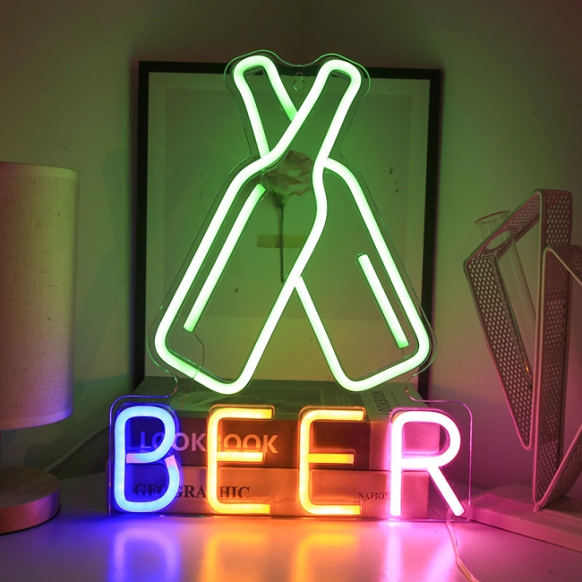 Вывеска портативная декоративная неоновая "beer" разноцветная на батарейках/USB 40х31 см