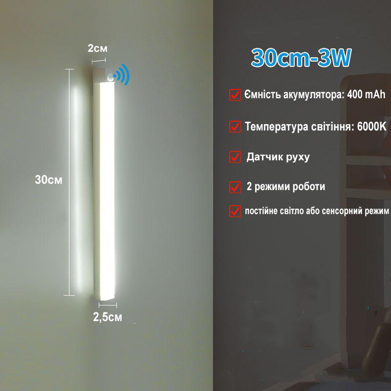 Светильник с аккумулятором и датчиком движения 6000K USB 5V 30 см 21 led - фото 9