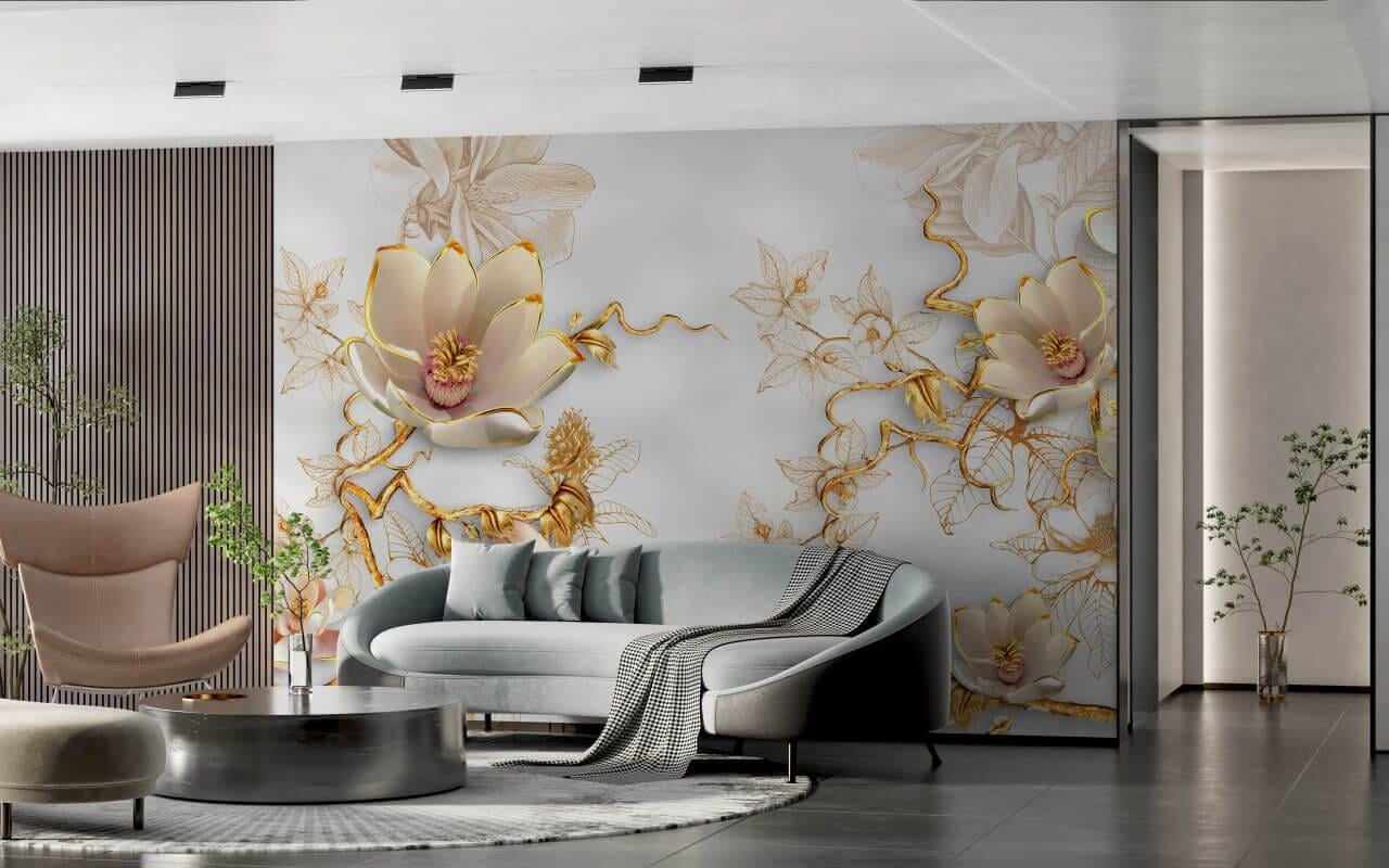 Фотошпалери флізелінові Styleo Print-walls 3D Чарівні золоті квіти 053 400х250 см (Pw-053/4)