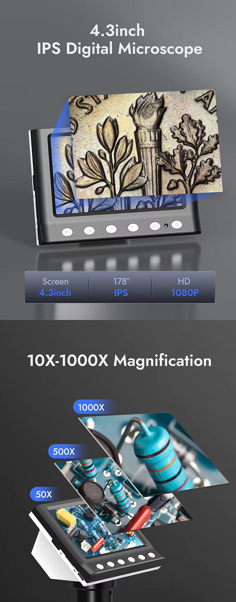 Мікроскоп цифровий RIEVBCAU DM7-Z01C монітор 4,3" 1500-кратний 1080P для паяння з 8 світлодіодами Black (DM7-Z01C) - фото 9