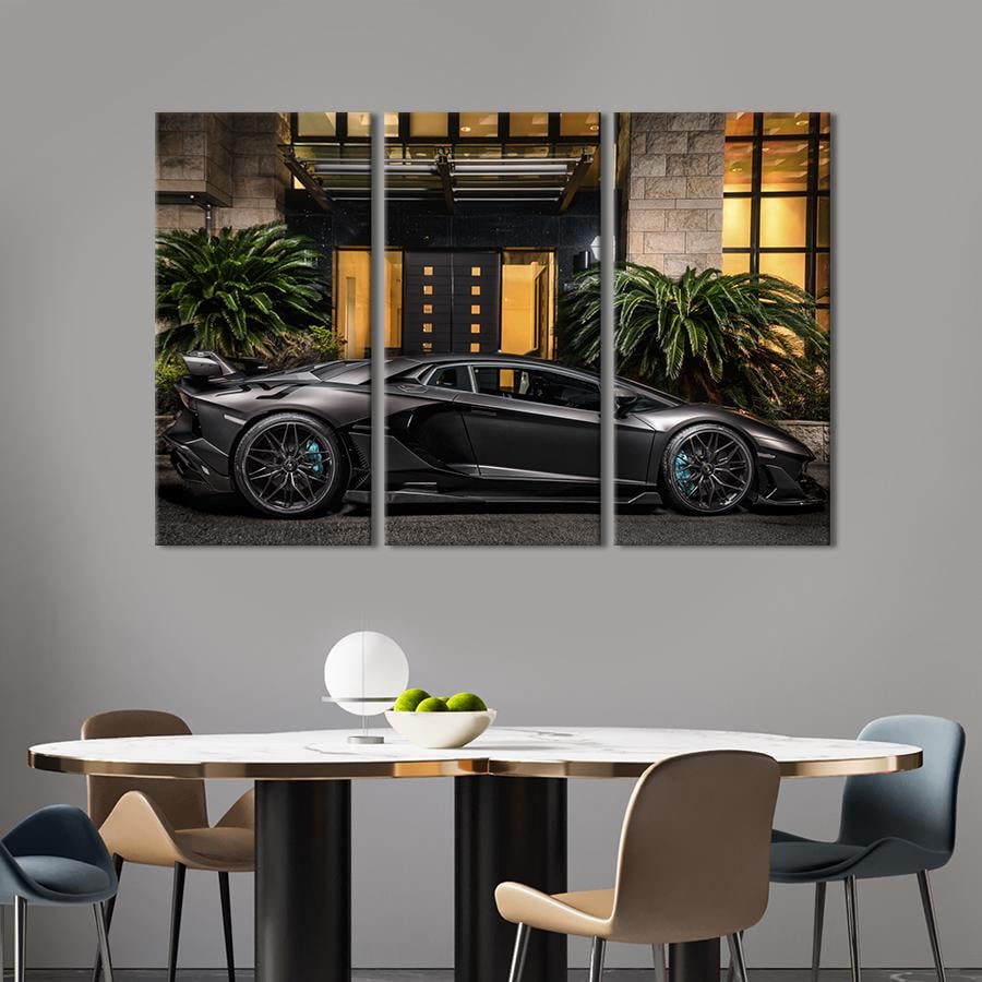 Картина на холсте триптих Стильная чёрная Lamborghini Aventador SVJ Roadster 156x100 см (1334-31)