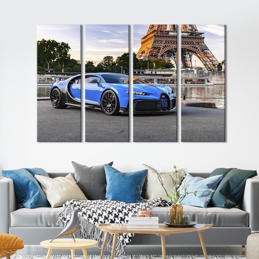 Картина на холсте Голубой Bugatti Chiron возле Эйфелевой башни 89x53 см (1298-41)
