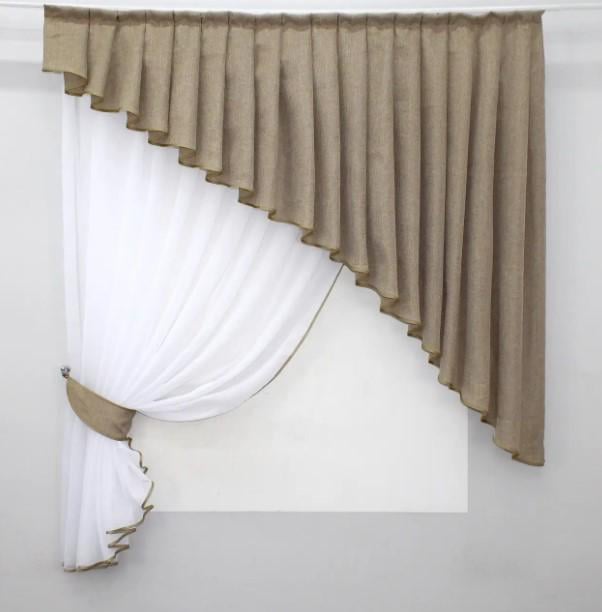 Комплект кухонный тюль/ламбрекен шифон/лен 150х170 см Светло-кофейный/Белый (039к) Комплект кухонный тюль/ламбрекен шифон/лен 150х170 см Светло-кофейный/Белый (039к)