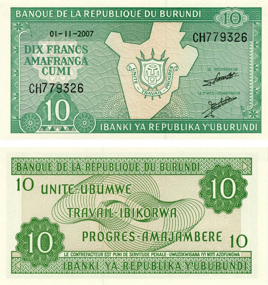 Коллекционная банкнота Бурунди 10 франков 2005-2007 UNC P33 (Б13172)