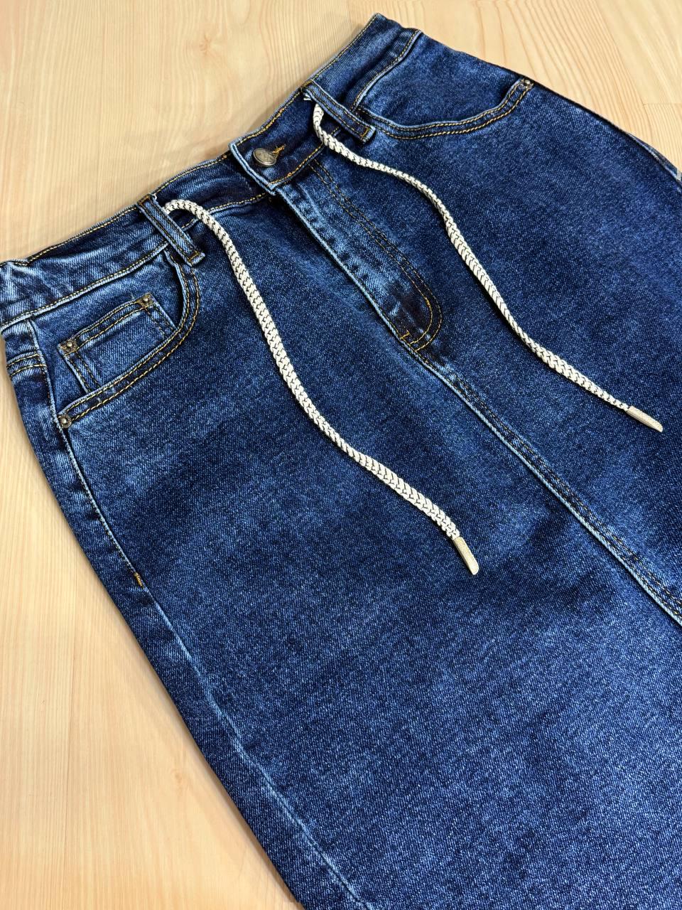 Юбка женская джинсовая Vanver 8237 резинка шнурок с разрезом вареная миди р. 34 Синий (4781) - фото 2