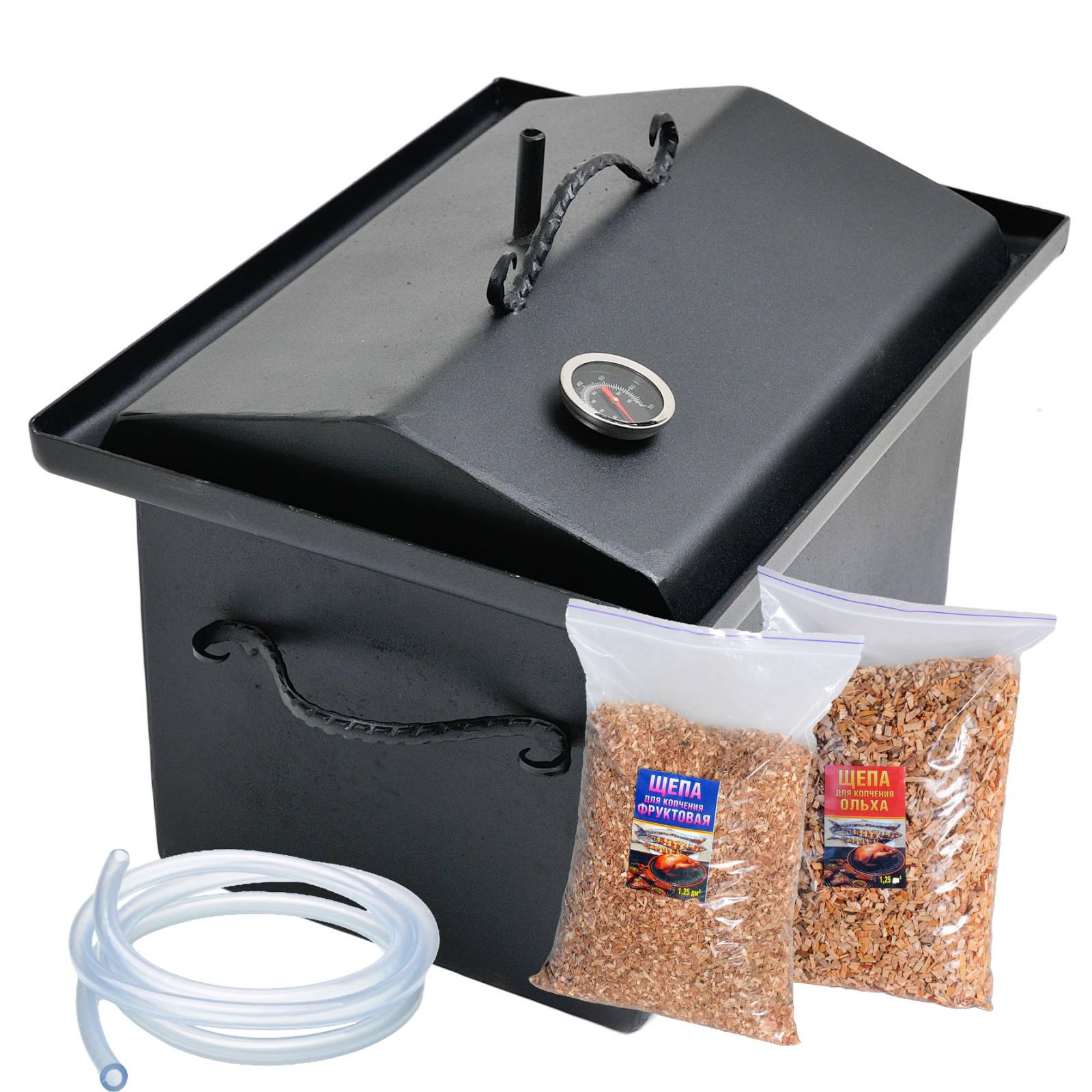 Коптильня горячего копчения 1,2 мм 450х330х300 мм крашеная с гидрозатвором термометром/щепой/шлангом Коптильня горячего копчения 1,2 мм 450х330х300 мм крашеная с гидрозатвором термометром/щепой/шлангом