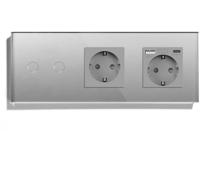 Выключатель умный LUXION двойной/сенсорный с розеткой USB A+C 20Вт с заземлением стекло Серый