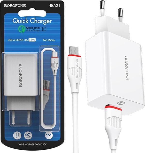 Зарядний пристрій Borofone BA21A 18W USB QC3.0/кабель USB-microUSB White (36708)