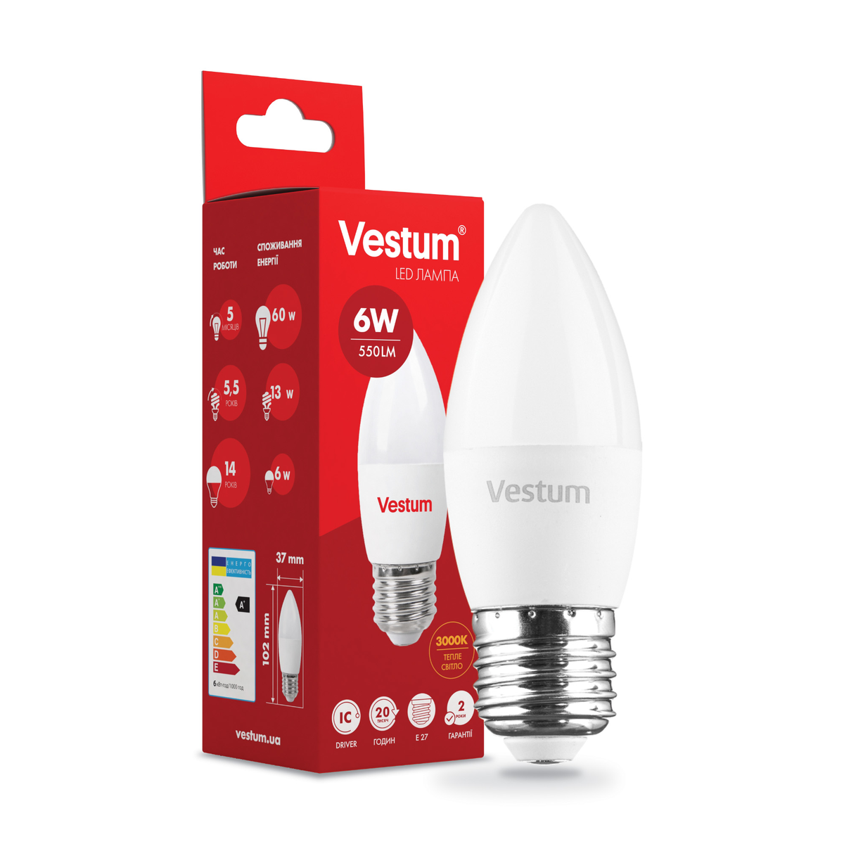Светодиодная лампа Vestum C37 6W 3000K 220V E27 (1-VS-1302)