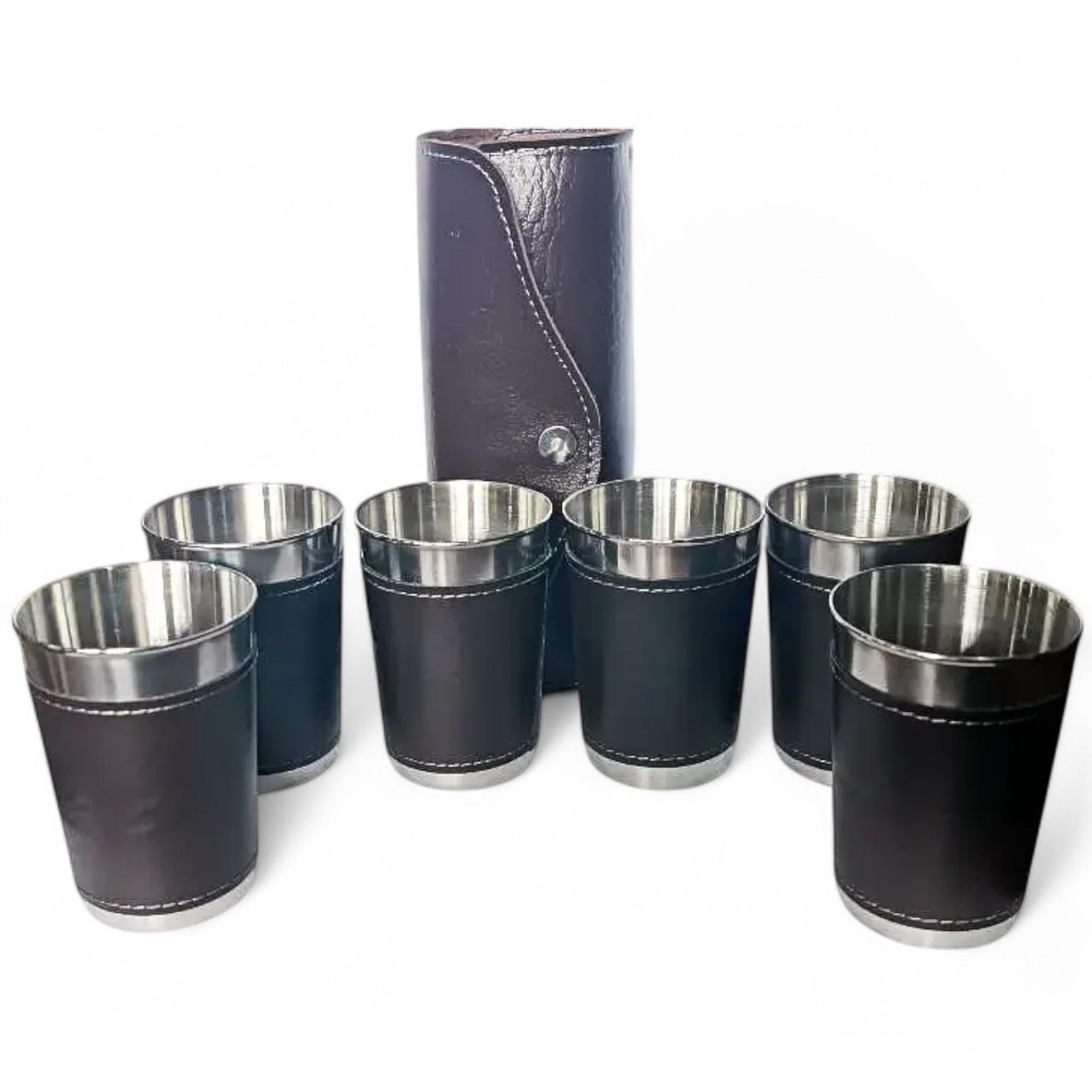 Набор производных стаканов в коже из нержавеющей стали в чехле 180 мл 6 шт. (S_JB02)