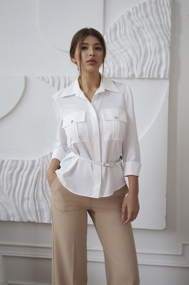 Блуза Lipar 2895 шифонова з кишенями на грудях р. 42 Молоко (16917102)